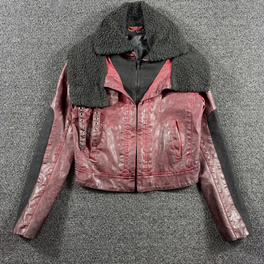 Princess Vera Wang Faux Leather Moto Jacket Women XS Sherpa Lined‎ Zip Burgundy